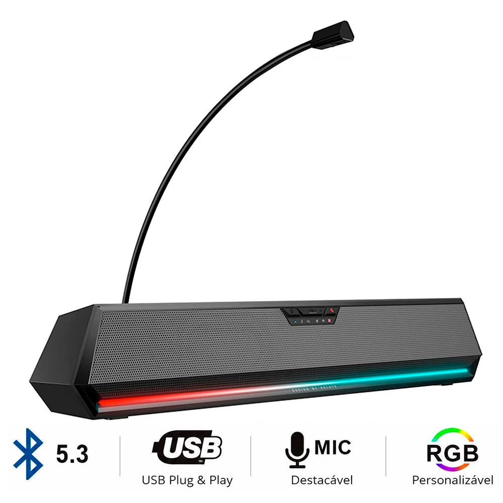 Soundbar para PC, com microfone destacável, USB, Bluetooth, AUX P2, Controle de volume, 5W RMS, RGB - G1500 BAR EDIFIER
